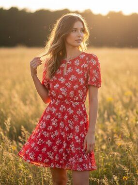 Loft 0 Women's Red Floral Keyhole Mini Dress SS Boho Cottage Coastal Western